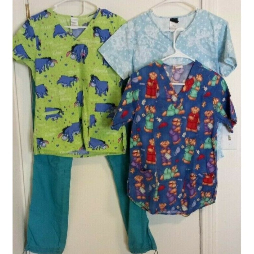 4 Piece Women's XS Scrub Lot/Set Eeyore, Koi Pants, Blue Lace, Medical Bears